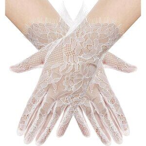 Women's Lvory 01 Floral Short Length Lace Tulle Mesh Wrist Wedding Party Gloves